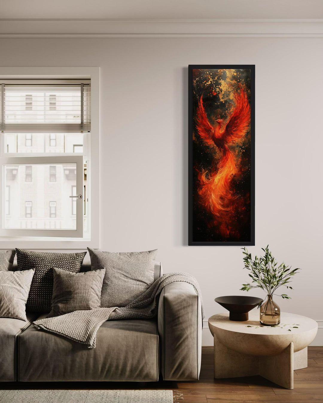 Tall Narrow Vertical Phoenix Framed Canvas Wall Art