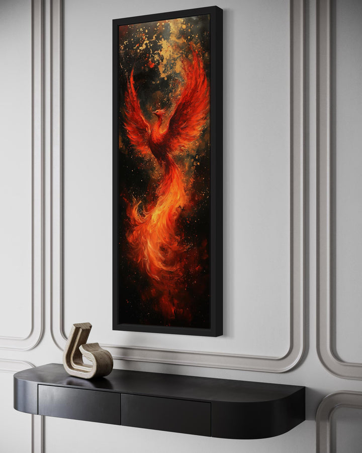 Tall narrow vertical framed canvas wall art featuring a fiery red and orange phoenix rising.