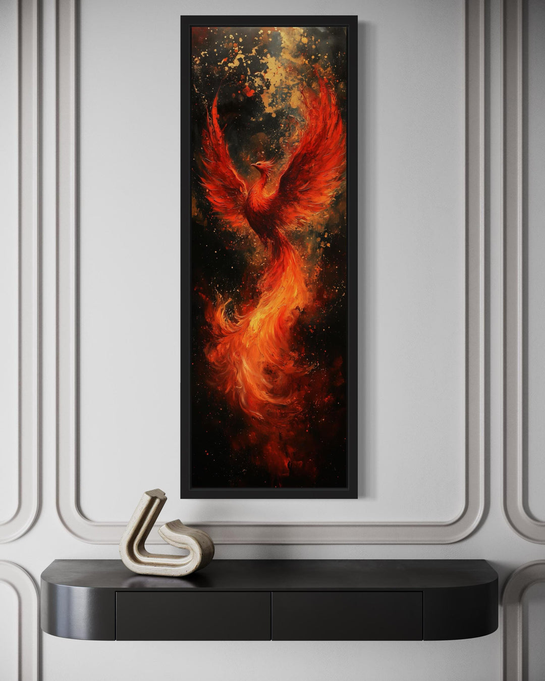 Tall narrow framed canvas wall art featuring a fiery red and orange phoenix rising from flames.