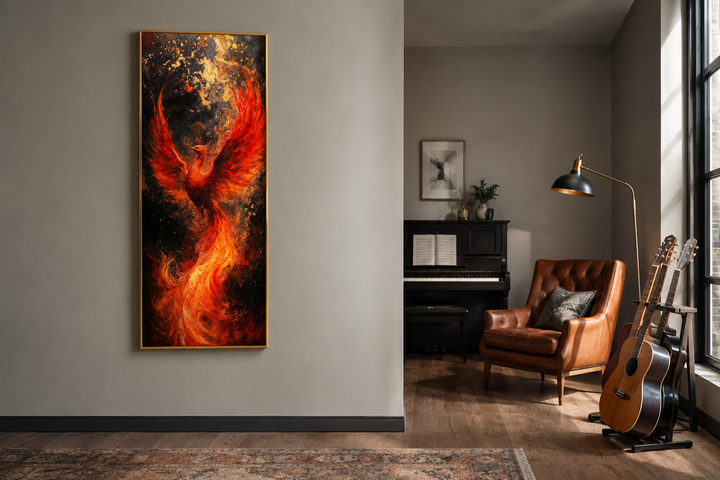 Tall narrow framed canvas wall art featuring a fiery orange and red phoenix rising from flames.