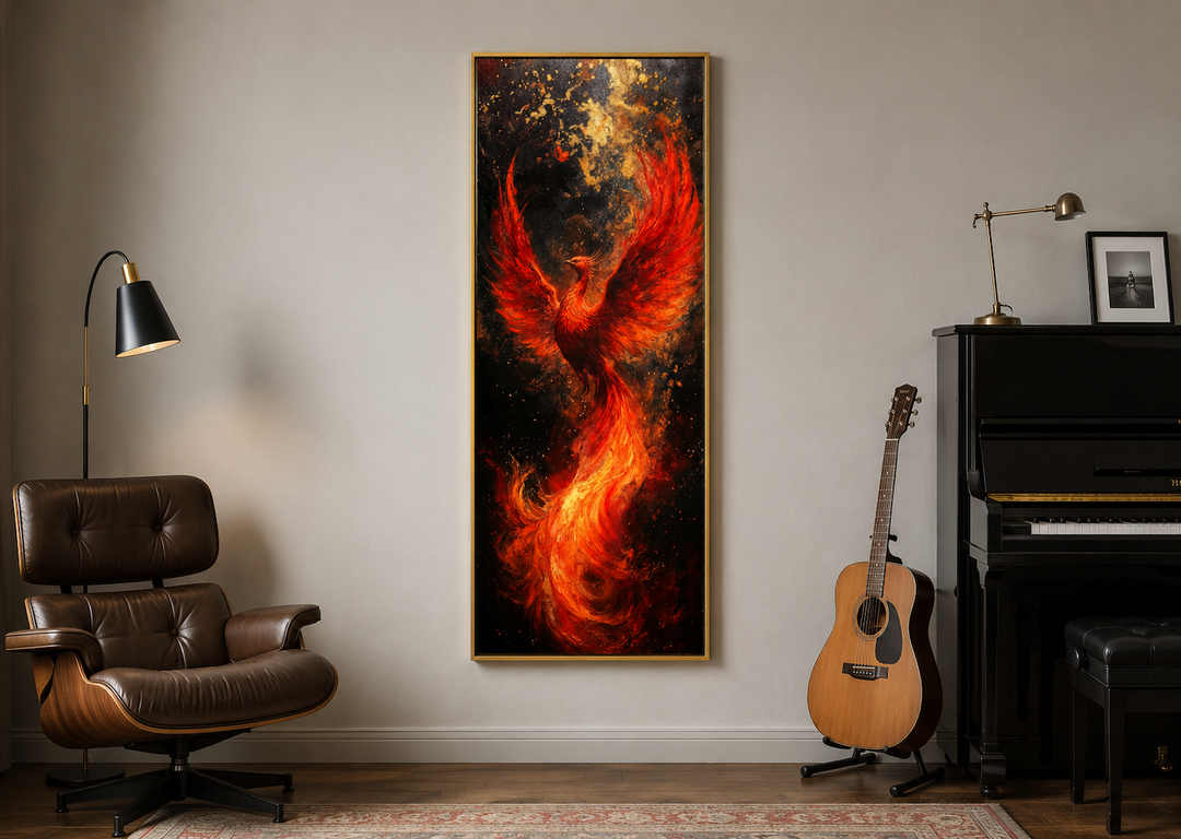 Tall narrow vertical framed canvas wall art featuring a fiery orange and red phoenix rising.