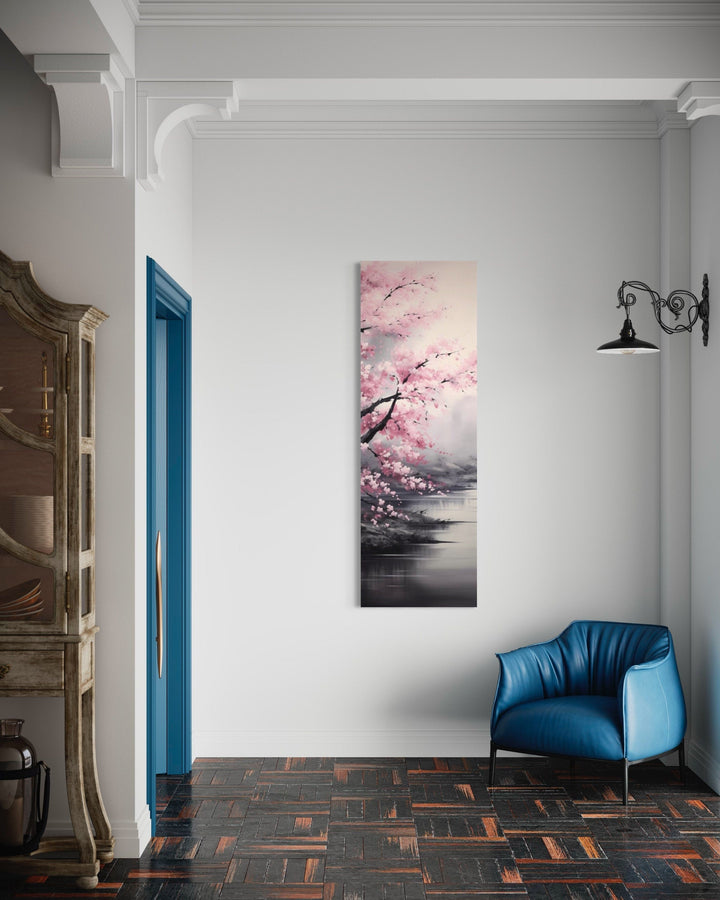 Tall Narrow Vertical Pink Cherry Blossom Framed Canvas Wall Art