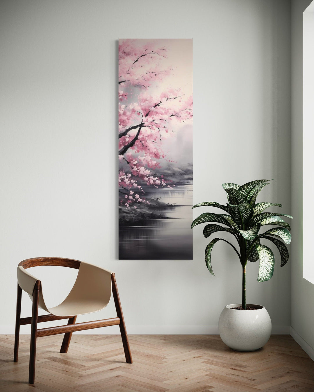 Tall Narrow Vertical Pink Cherry Blossom Framed Canvas Wall Art