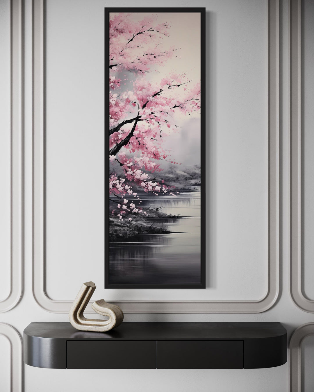 Tall Narrow Vertical Pink Cherry Blossom Framed Canvas Wall Art