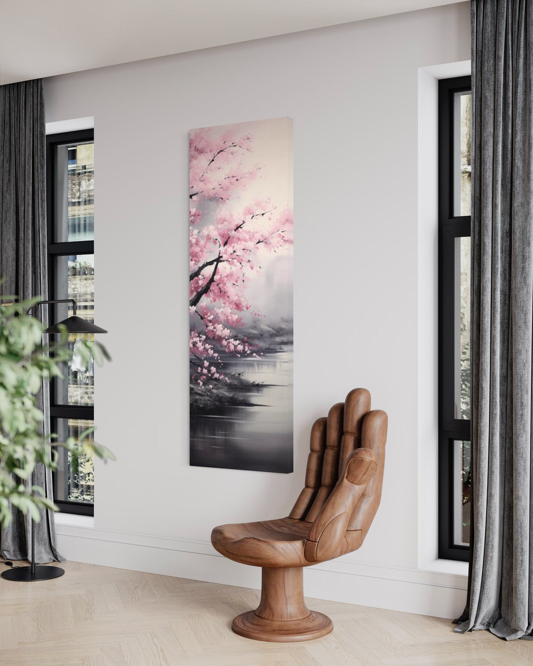 Tall Narrow Vertical Pink Cherry Blossom Framed Canvas Wall Art