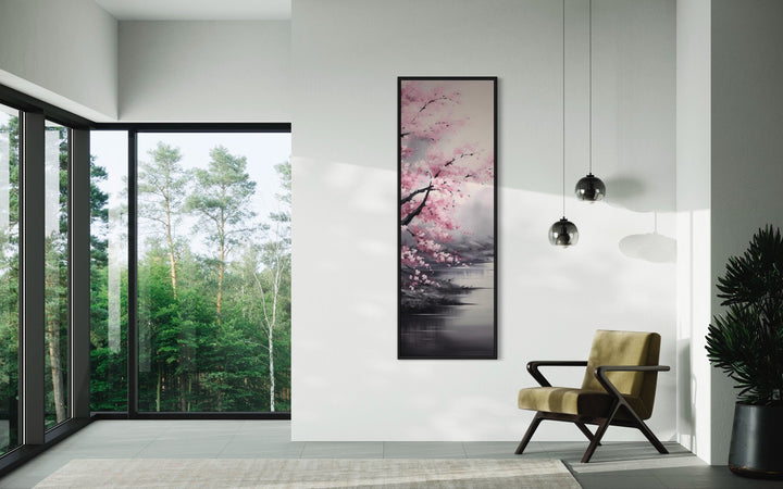 Tall Narrow Vertical Pink Cherry Blossom Framed Canvas Wall Art