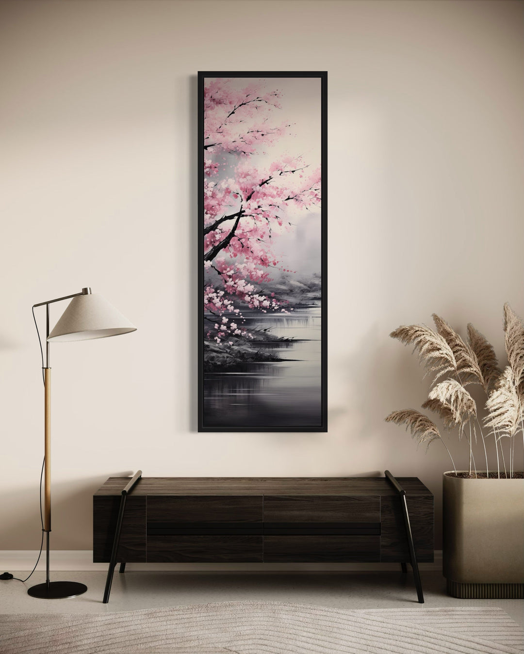 Tall Narrow Vertical Pink Cherry Blossom Framed Canvas Wall Art