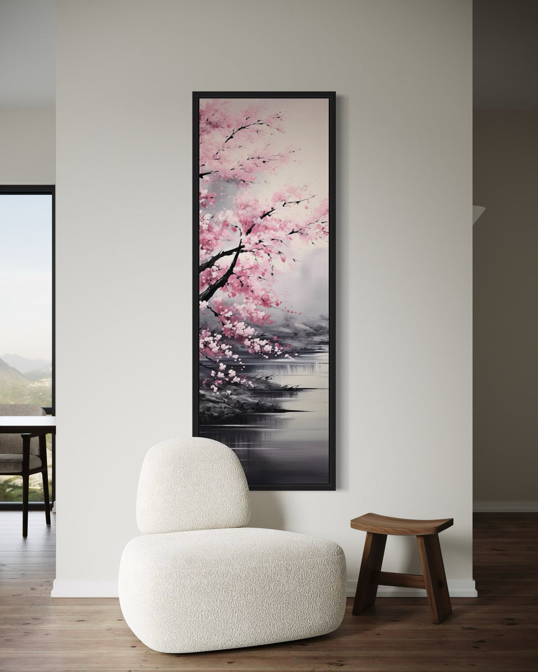 Tall Narrow Vertical Pink Cherry Blossom Framed Canvas Wall Art