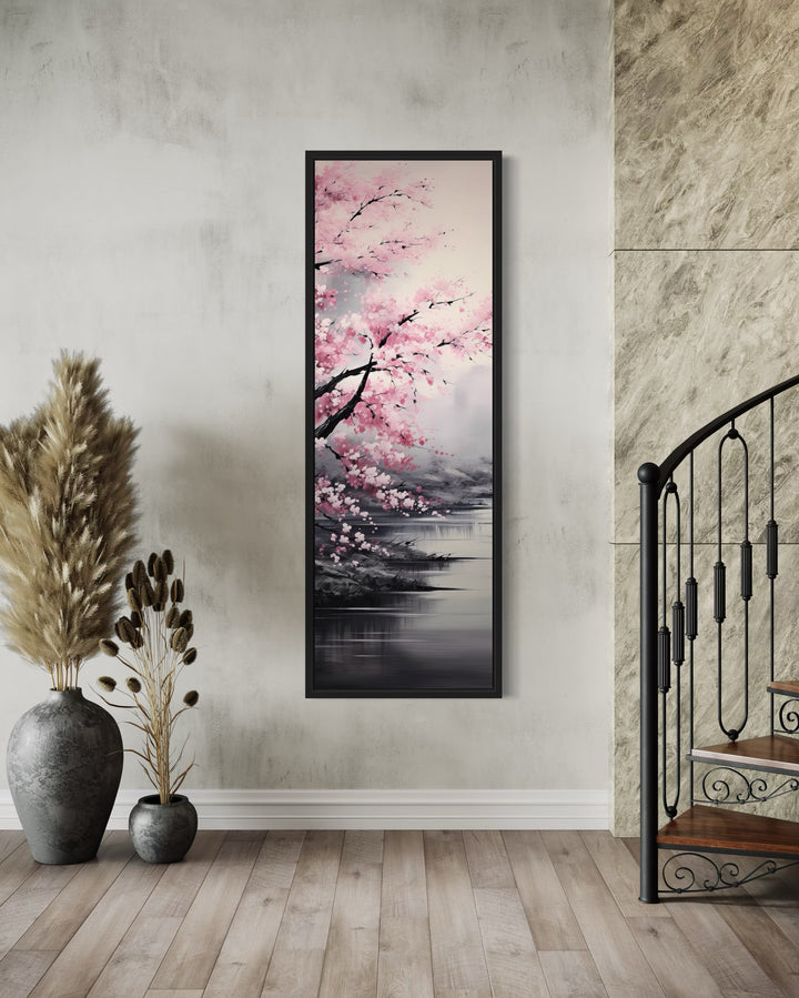 Tall Narrow Vertical Pink Cherry Blossom Framed Canvas Wall Art