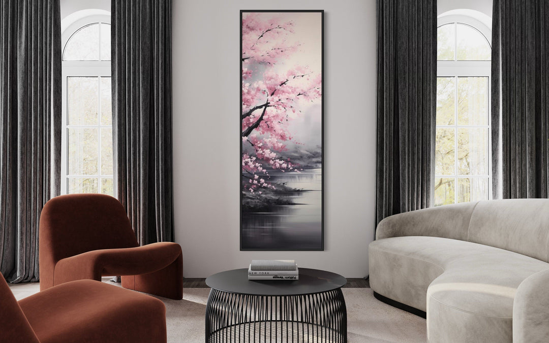 Tall Narrow Vertical Pink Cherry Blossom Framed Canvas Wall Art