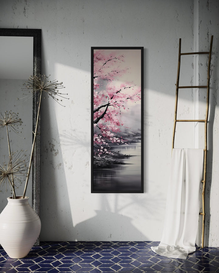 Tall Narrow Vertical Pink Cherry Blossom Framed Canvas Wall Art