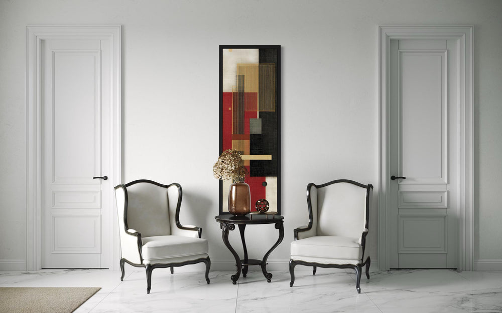 Tall Narrow Vertical Red Black Gold Beige Geometric Abstract Canvas Wall Art