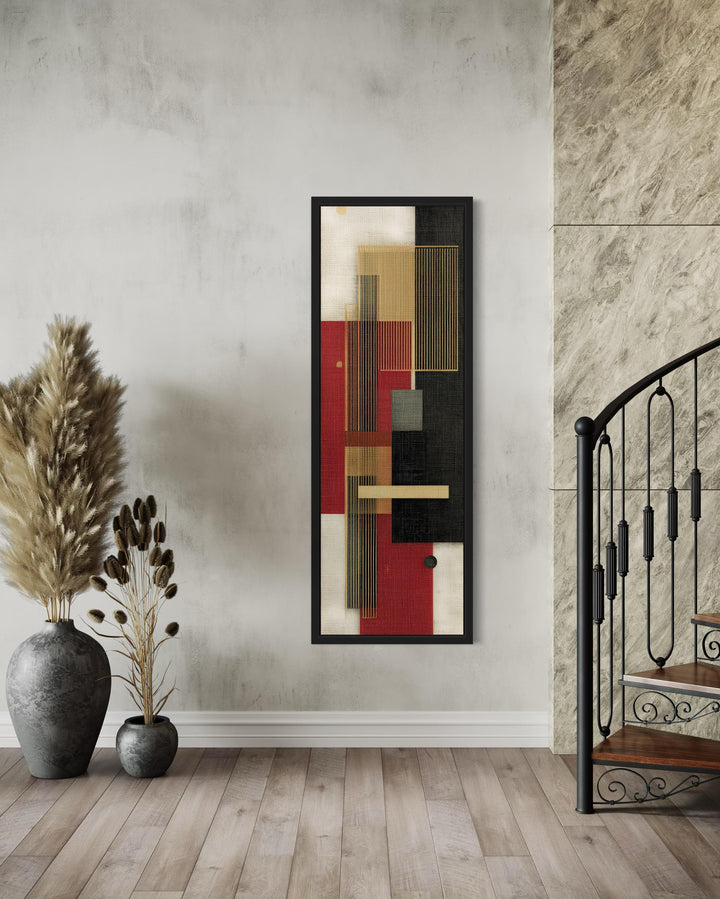Tall Narrow Vertical Red Black Gold Beige Geometric Abstract Canvas Wall Art