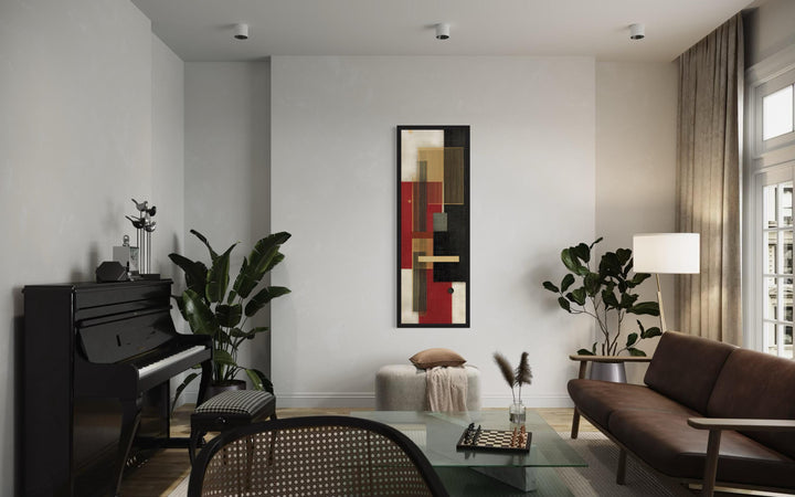 Tall Narrow Vertical Red Black Gold Beige Geometric Abstract Canvas Wall Art