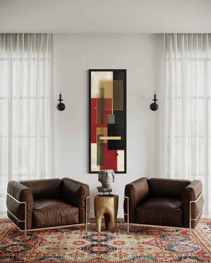 Tall Narrow Vertical Red Black Gold Beige Geometric Abstract Canvas Wall Art