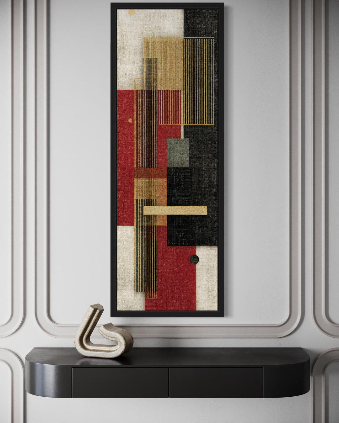 Tall Narrow Vertical Red Black Gold Beige Geometric Abstract Canvas Wall Art