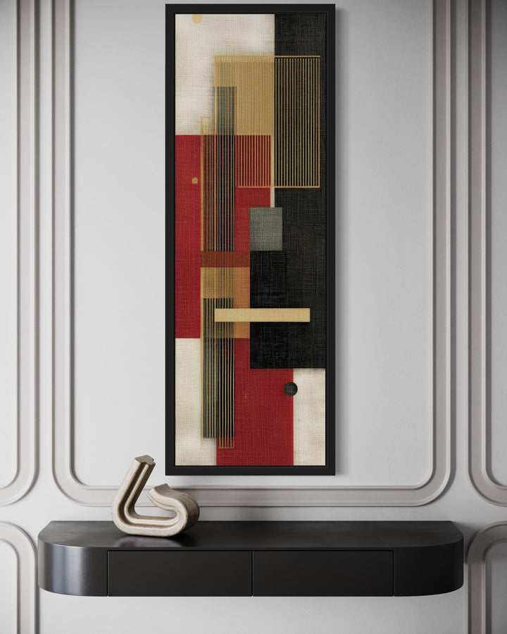 Tall Narrow Vertical Red Black Gold Beige Geometric Abstract Canvas Wall Art