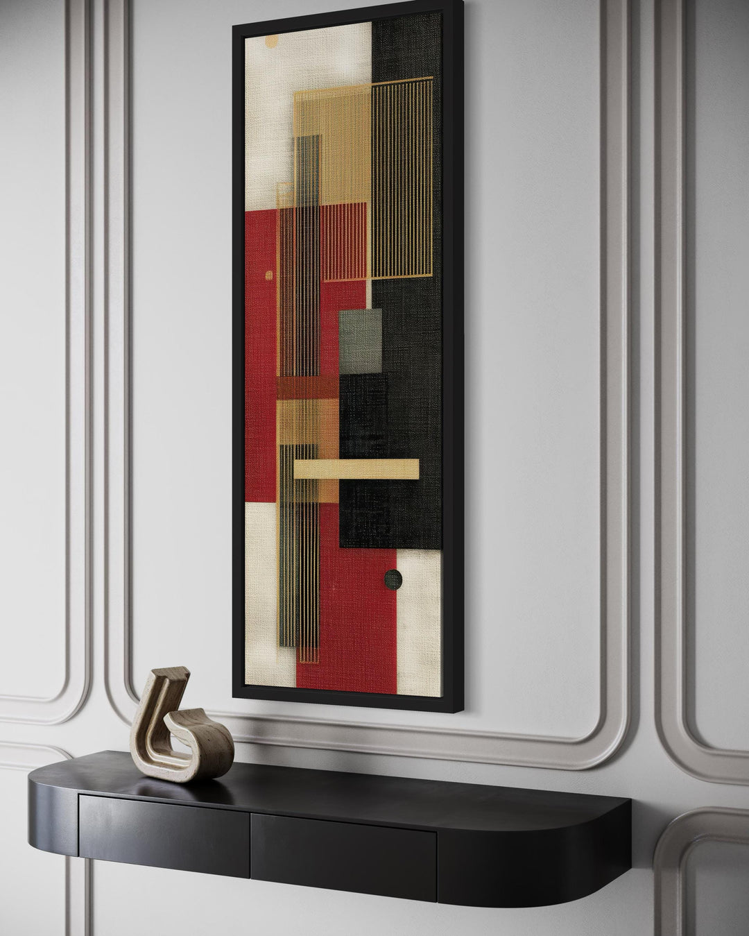 Tall Narrow Vertical Red Black Gold Beige Geometric Abstract Canvas Wall Art