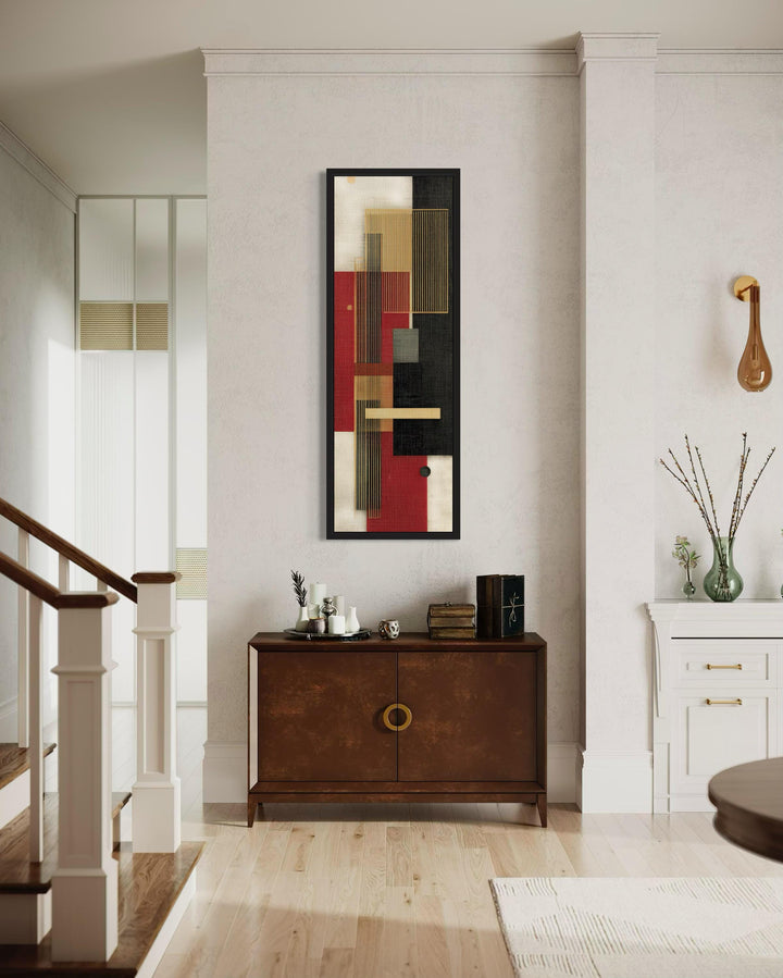 Tall Narrow Vertical Red Black Gold Beige Geometric Abstract Canvas Wall Art