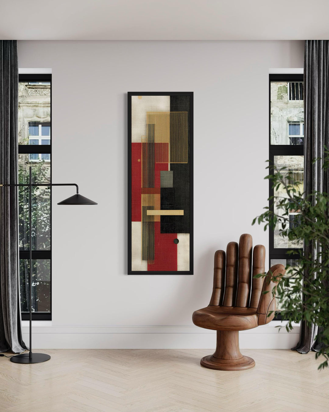 Tall Narrow Vertical Red Black Gold Beige Geometric Abstract Canvas Wall Art
