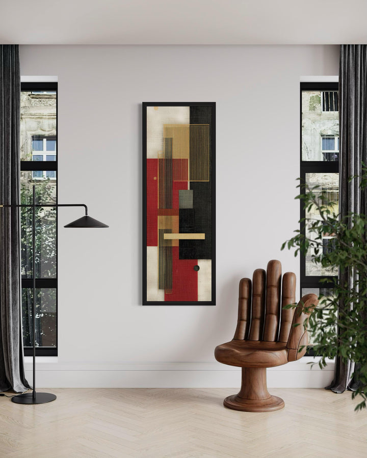 Tall Narrow Vertical Red Black Gold Beige Geometric Abstract Canvas Wall Art