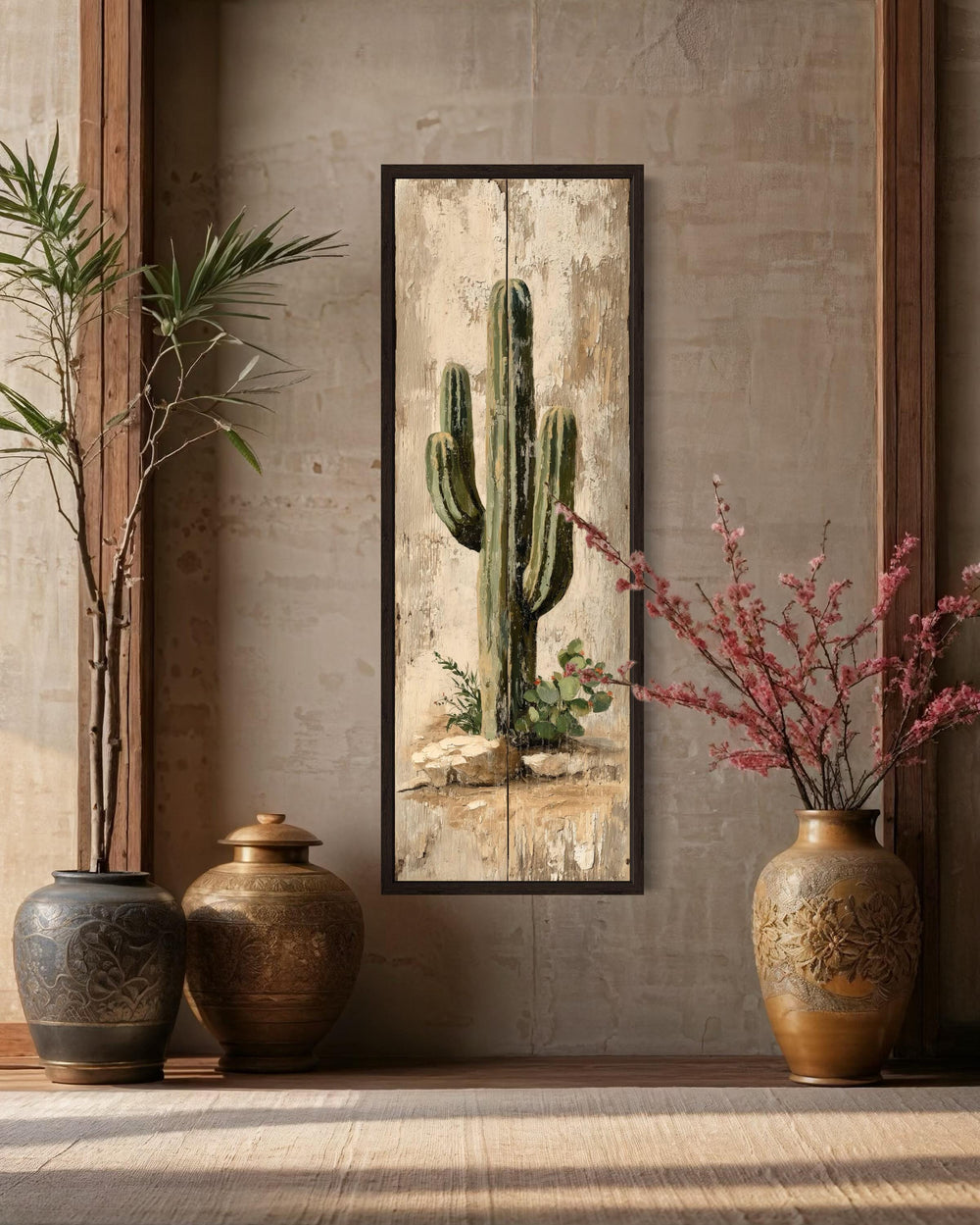 Tall Narrow Vertical Rustic Cactus Painting on Wood Style Canvas Print