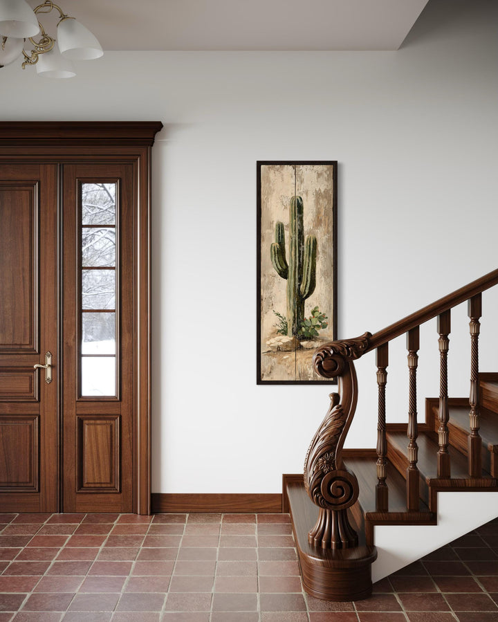 Tall Narrow Vertical Rustic Cactus Painting on Wood Style Canvas Print