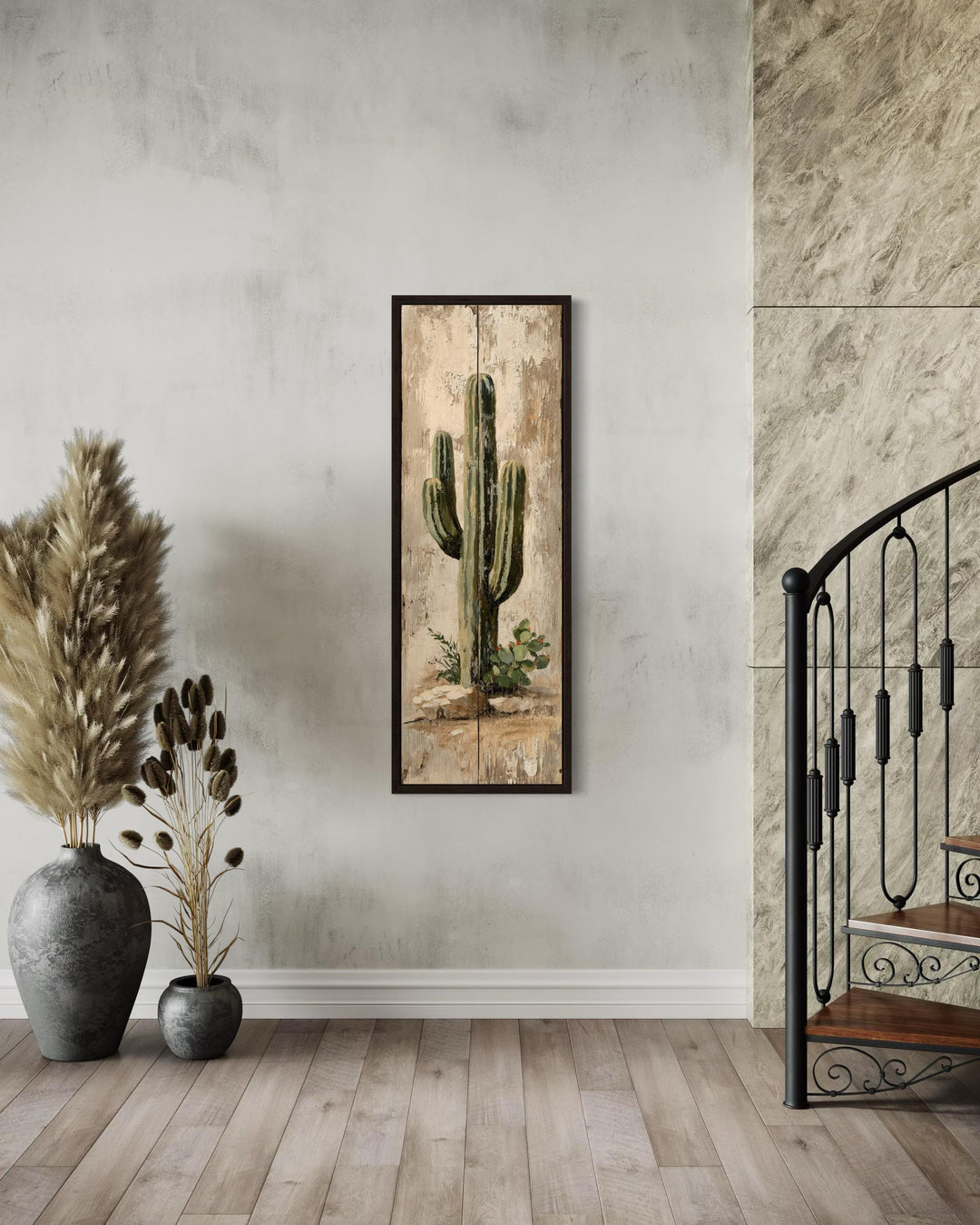 Tall Narrow Vertical Rustic Cactus Painting on Wood Style Canvas Print