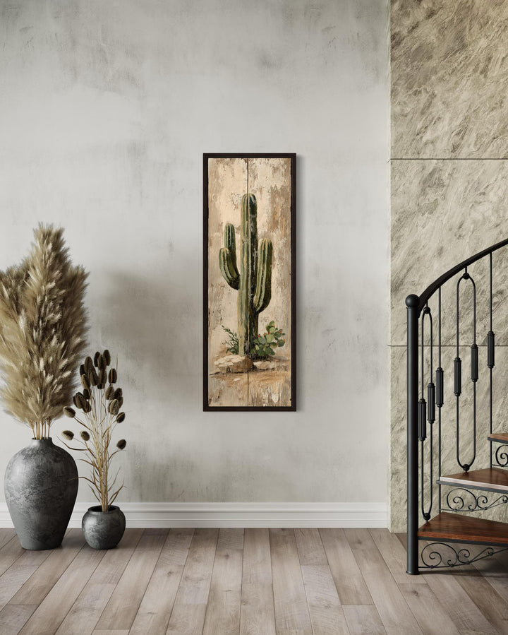 Tall Narrow Vertical Rustic Cactus Painting on Wood Style Canvas Print
