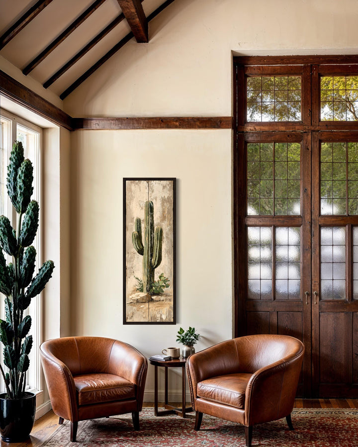 Tall Narrow Vertical Rustic Cactus Painting on Wood Style Canvas Print