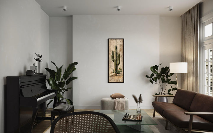 Tall Narrow Vertical Rustic Cactus Painting on Wood Style Canvas Print