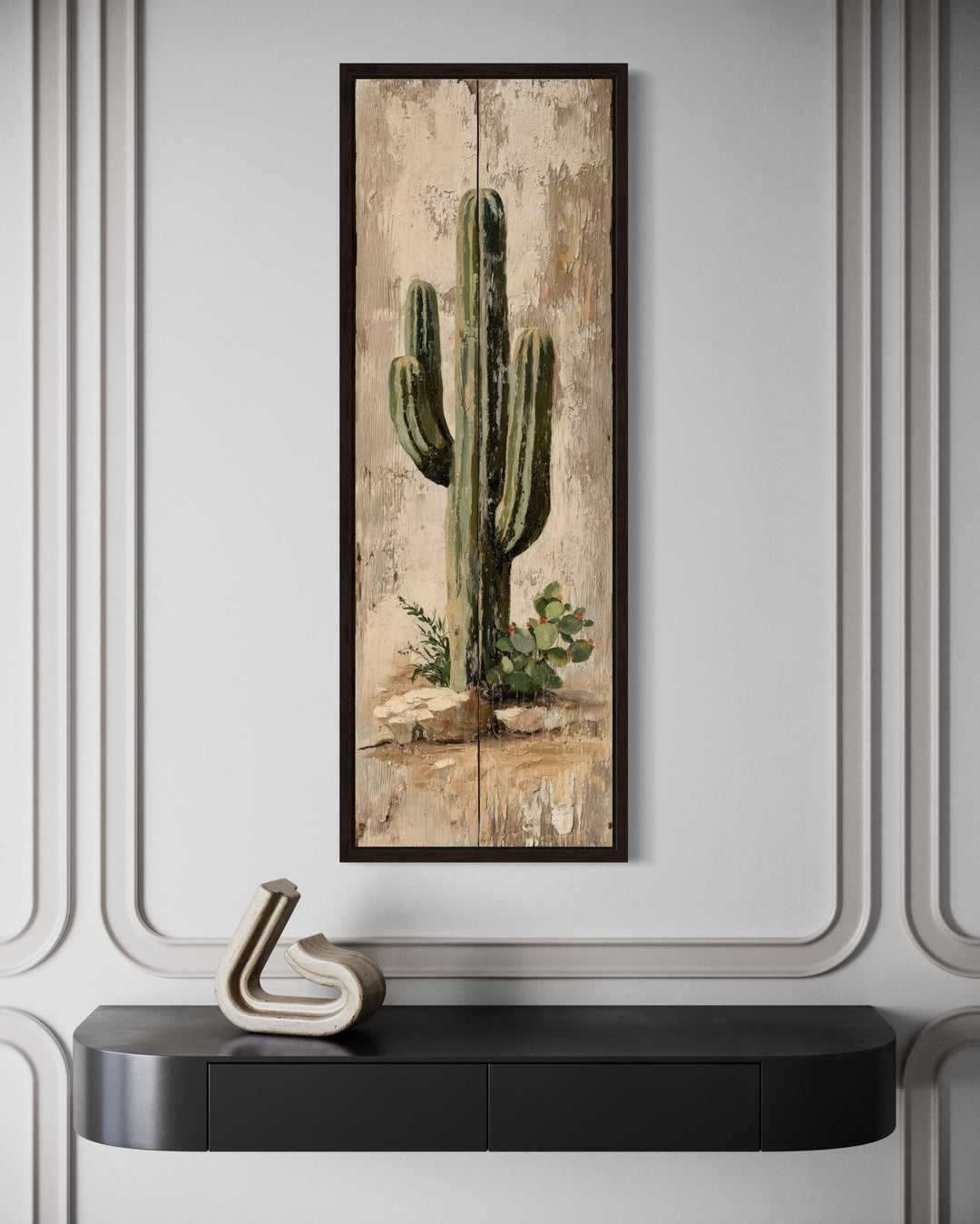 Tall Narrow Vertical Rustic Cactus Painting on Wood Style Canvas Print