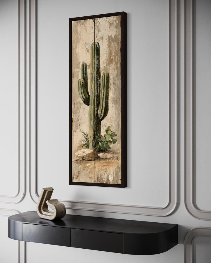 Tall Narrow Vertical Rustic Cactus Painting on Wood Style Canvas Print