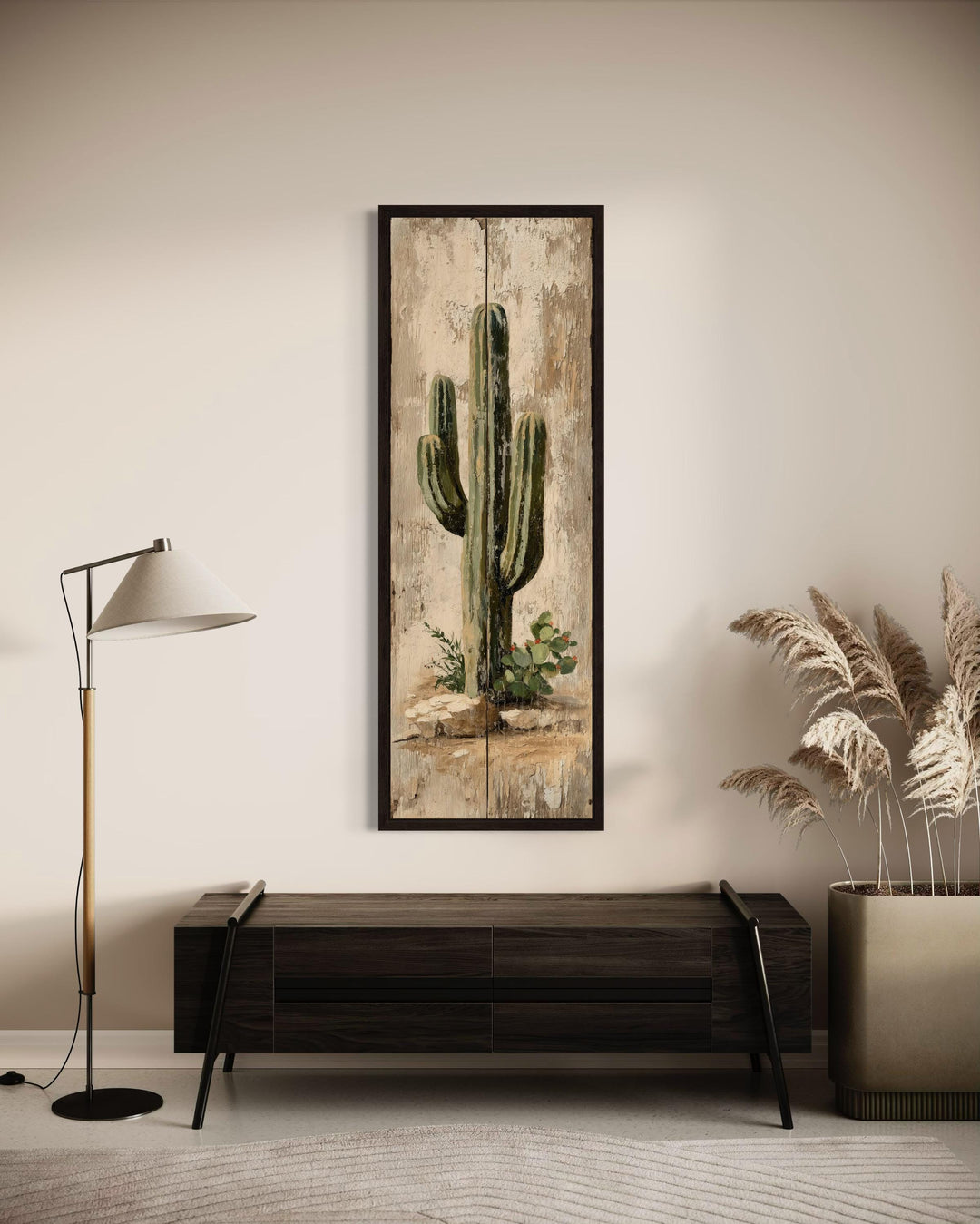 Tall Narrow Vertical Rustic Cactus Painting on Wood Style Canvas Print
