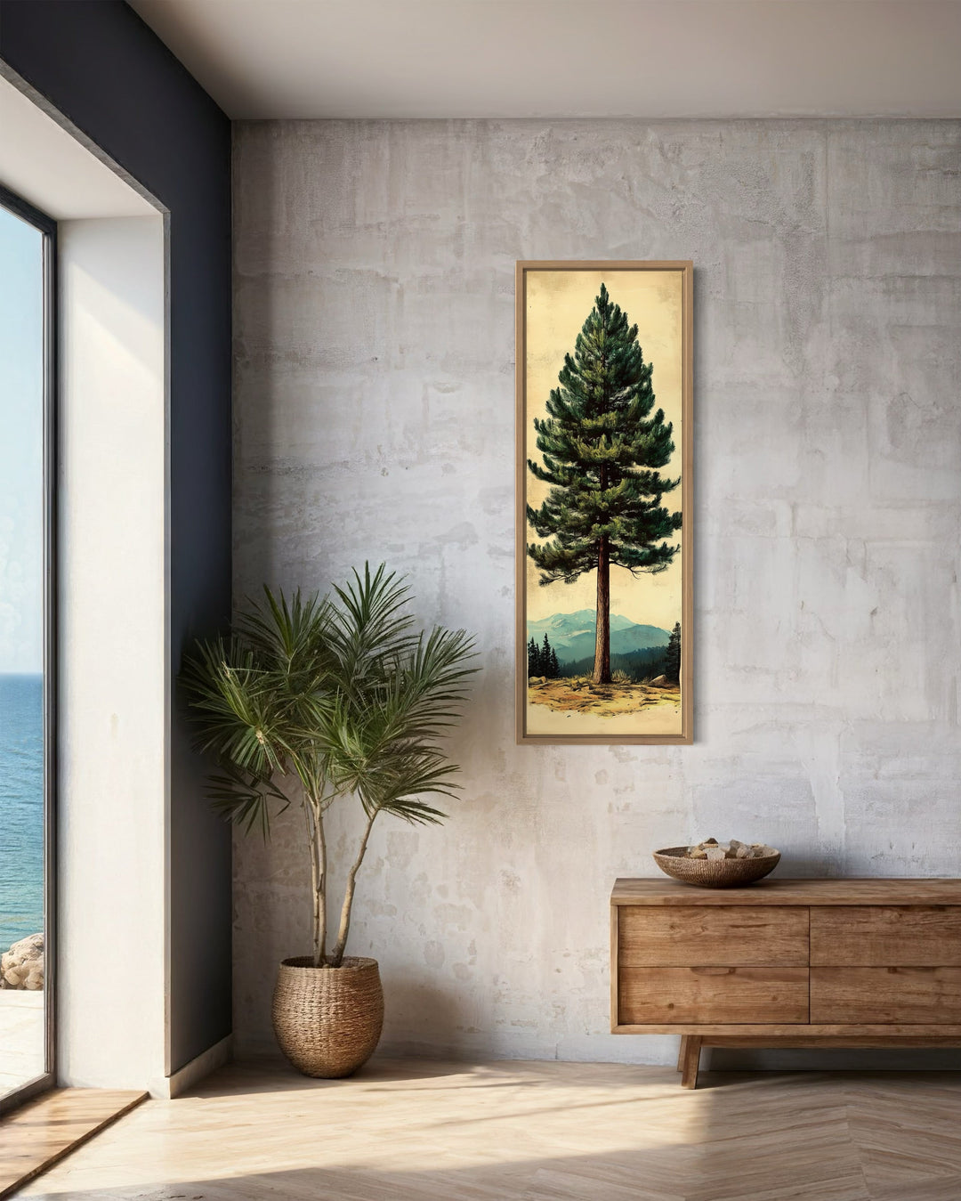 Tall Narrow Vertical Rustic Pine Tree Framed Canvas Wall Art