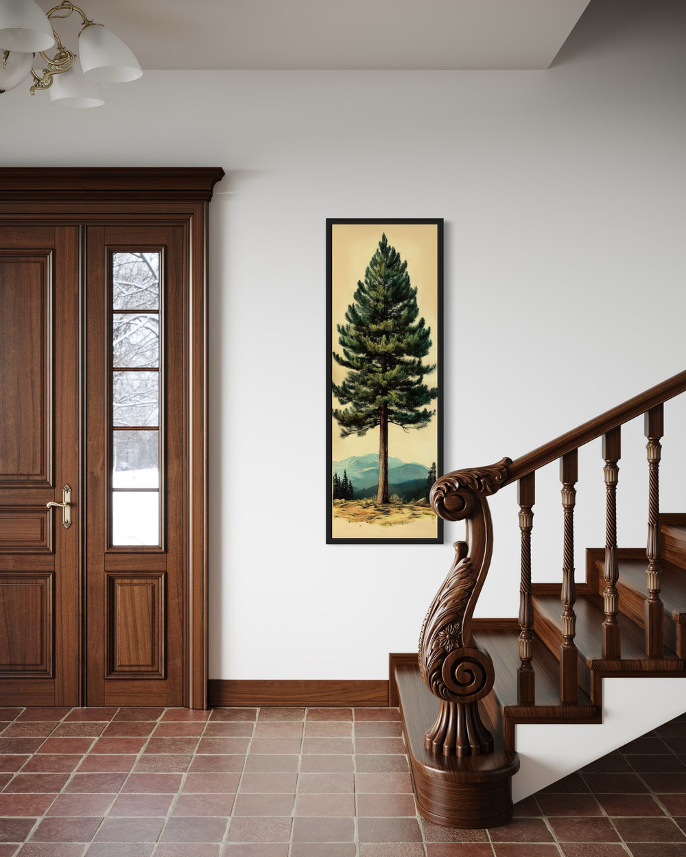 Tall Narrow Vertical Rustic Pine Tree Framed Canvas Wall Art