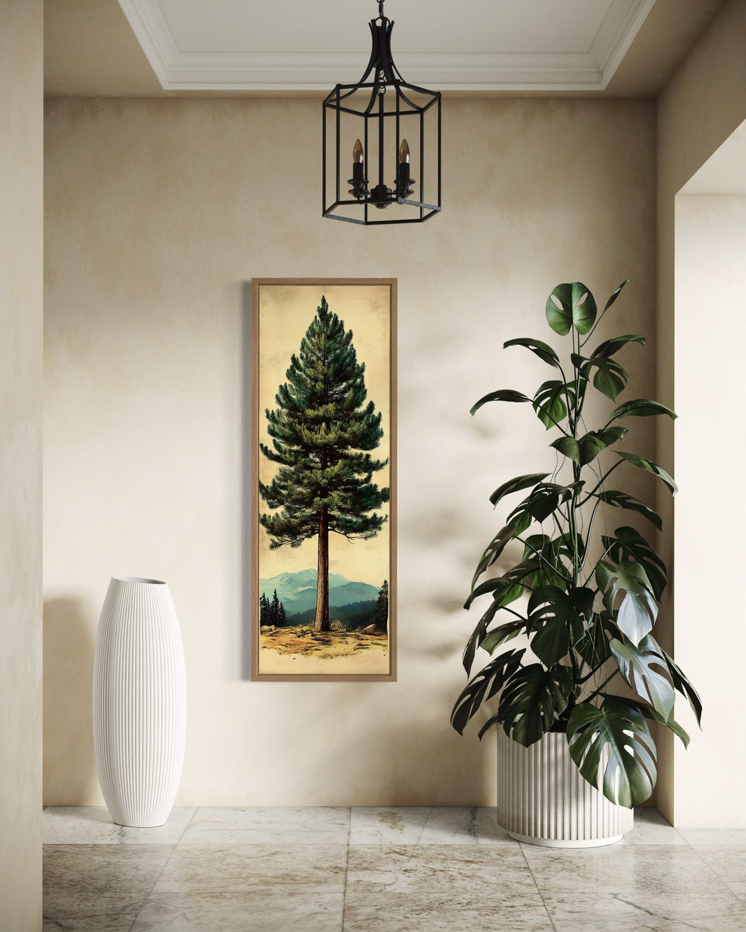 Tall Narrow Vertical Rustic Pine Tree Framed Canvas Wall Art