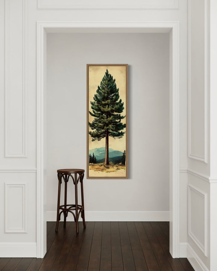 Tall Narrow Vertical Rustic Pine Tree Framed Canvas Wall Art