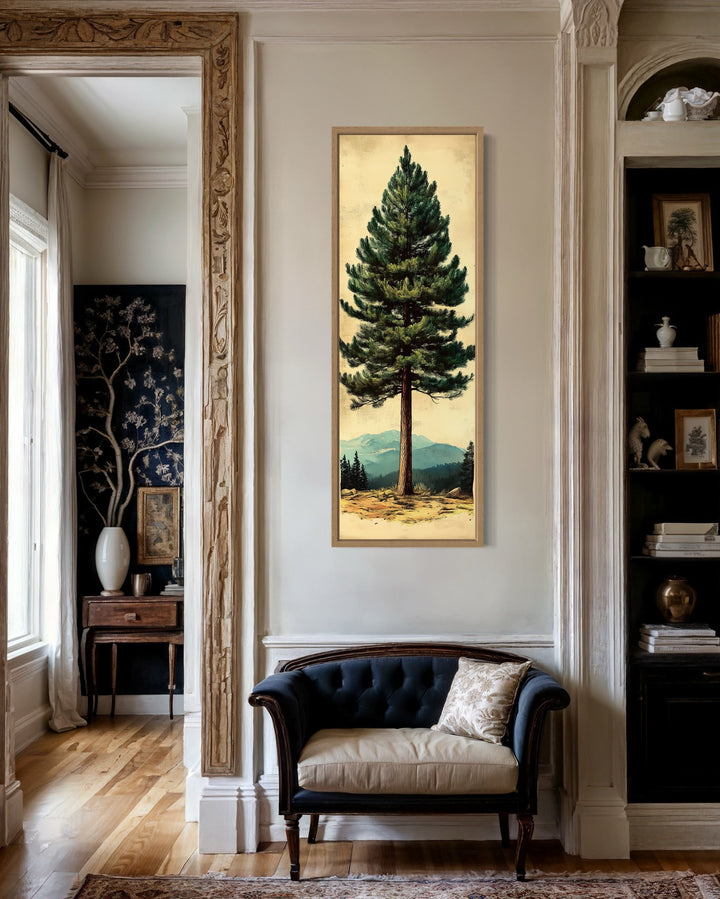 Tall Narrow Vertical Rustic Pine Tree Framed Canvas Wall Art