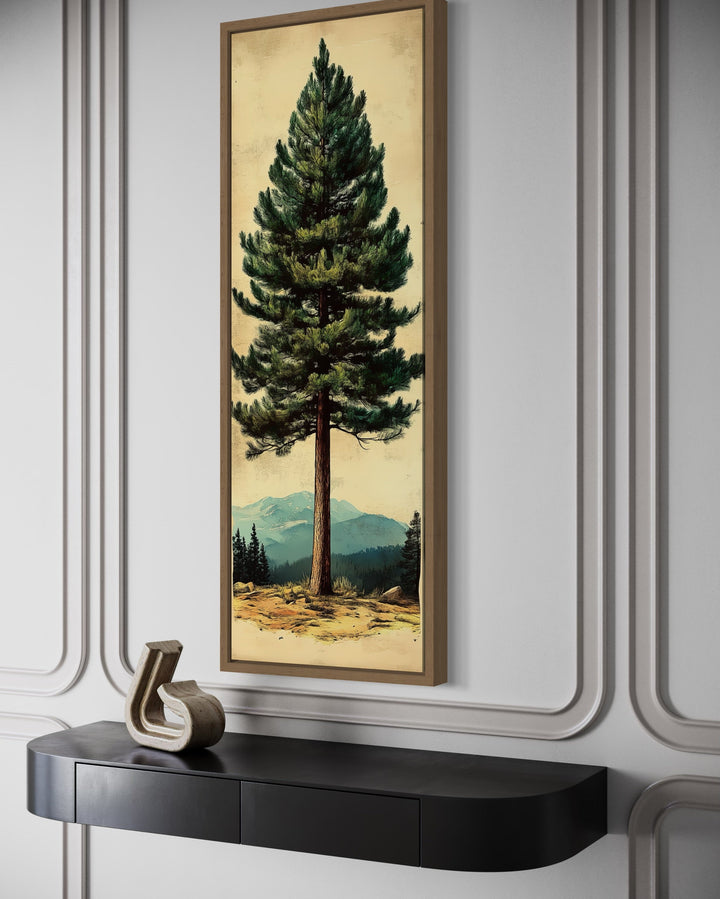 Tall Narrow Vertical Rustic Pine Tree Framed Canvas Wall Art