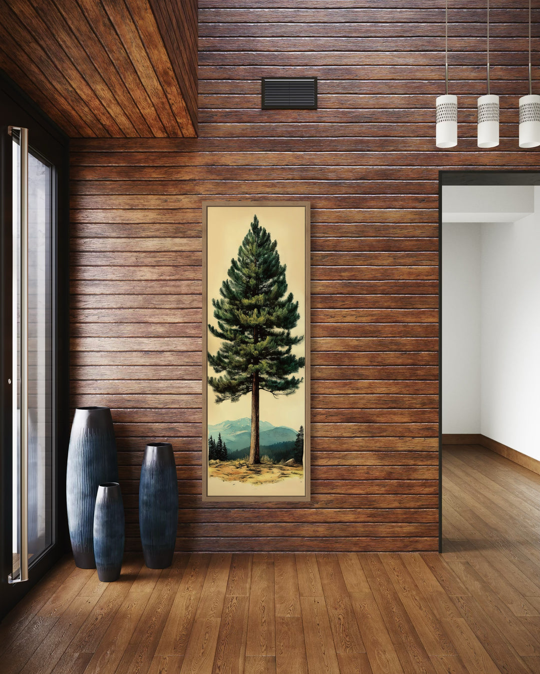 Tall Narrow Vertical Rustic Pine Tree Framed Canvas Wall Art