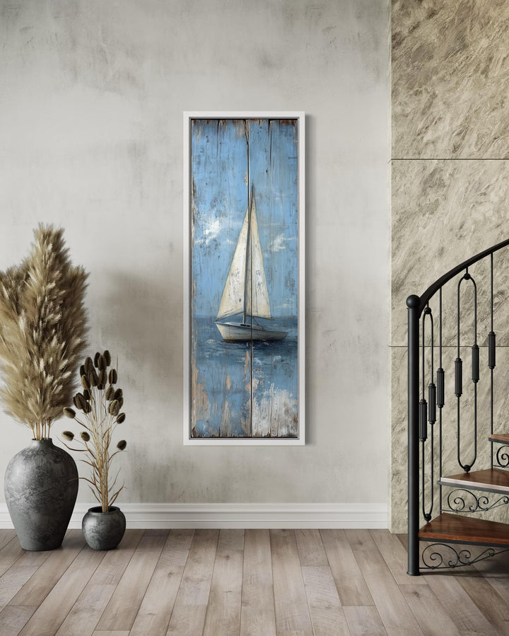 Tall Narrow Vertical Rustic Sailboat Coastal Framed Canvas Wall Art