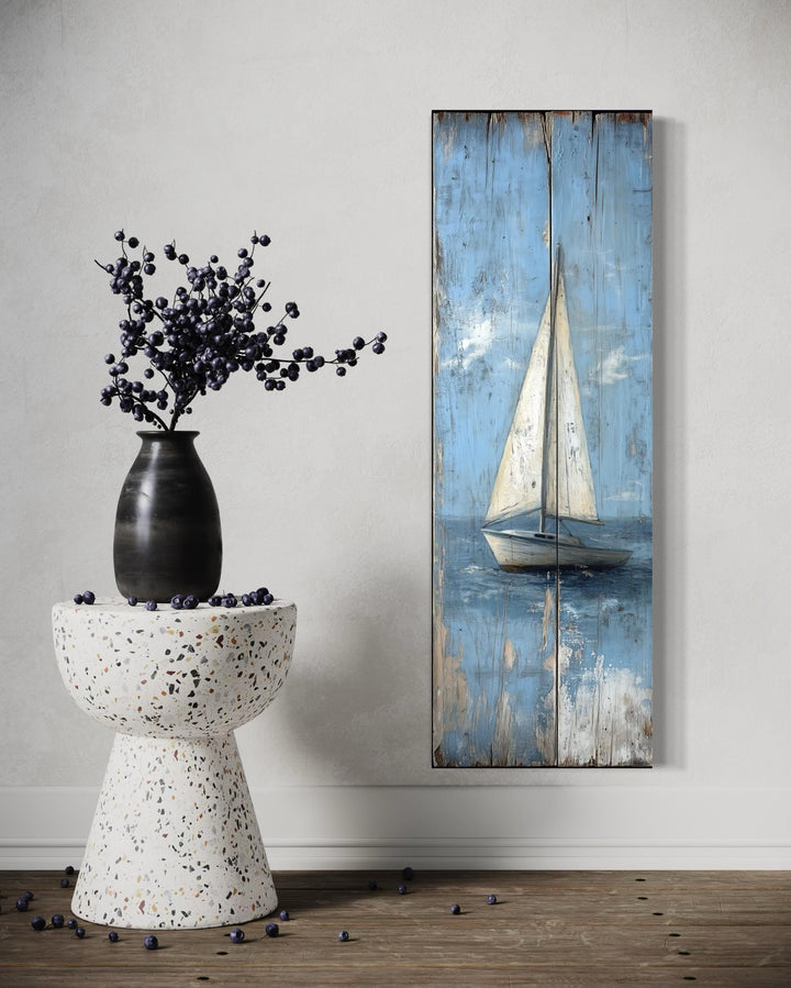 Tall Narrow Vertical Rustic Sailboat Coastal Framed Canvas Wall Art