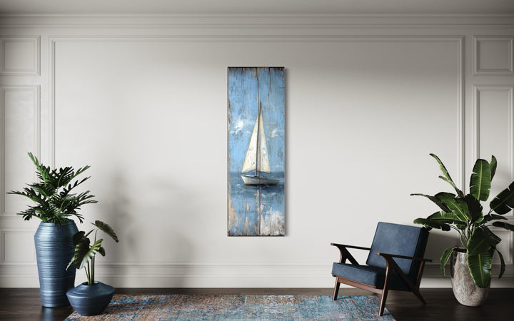 Tall Narrow Vertical Rustic Sailboat Coastal Framed Canvas Wall Art