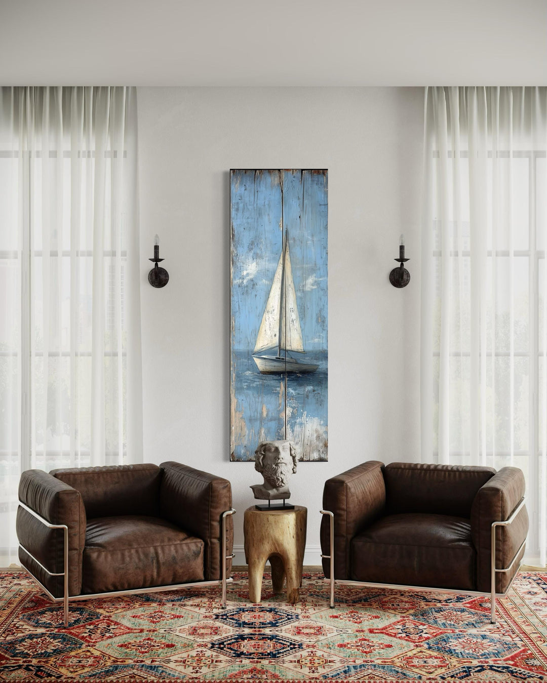 Tall Narrow Vertical Rustic Sailboat Coastal Framed Canvas Wall Art
