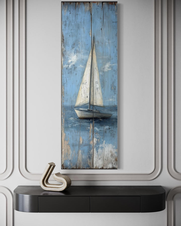 Tall Narrow Vertical Rustic Sailboat Coastal Framed Canvas Wall Art
