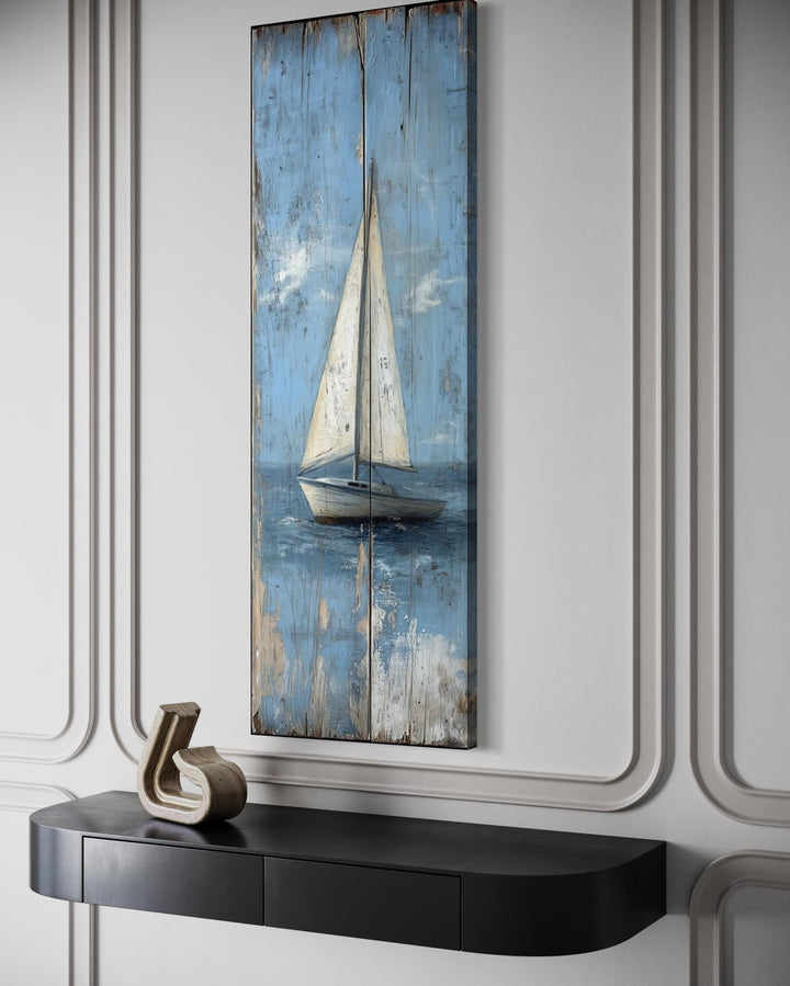 Tall Narrow Vertical Rustic Sailboat Coastal Framed Canvas Wall Art