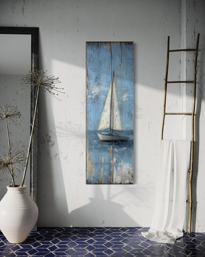 Tall Narrow Vertical Rustic Sailboat Coastal Framed Canvas Wall Art