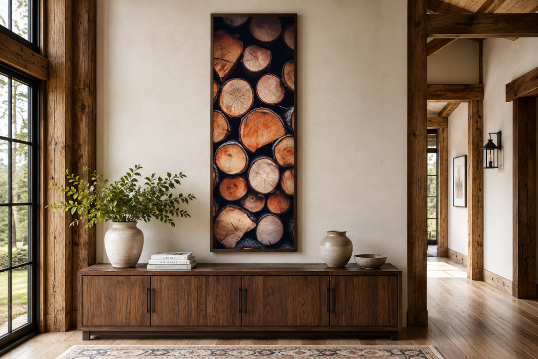 Tall narrow vertical rustic framed canvas wall art featuring a stack of wood tree ring patterns.
