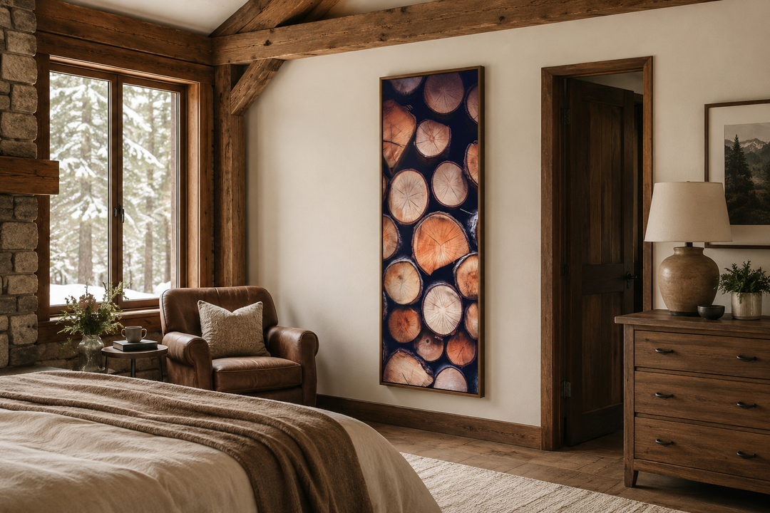 Tall narrow vertical framed canvas wall art featuring a rustic stack of wood slices with tree rings.